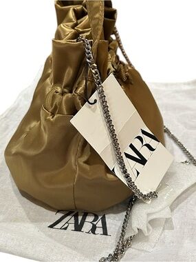 NWT Zara Satin Effects Drawstring Bucket Bag Metallic Gold w/ Silver chain strap